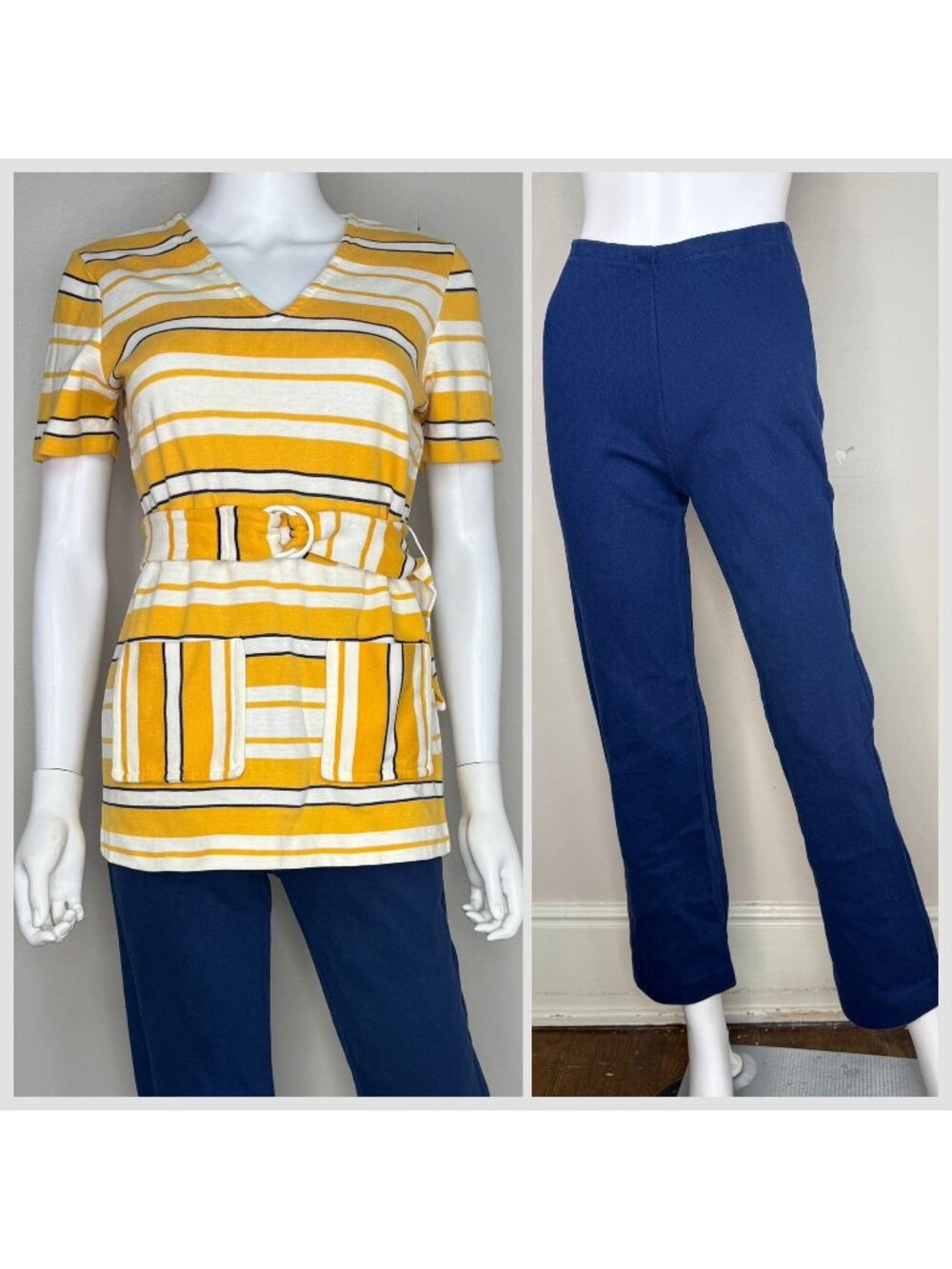 Vintage 1960s Yellow Striped Tunic & Navy Blue Knit Pants Set, Jantzen Size XS-S